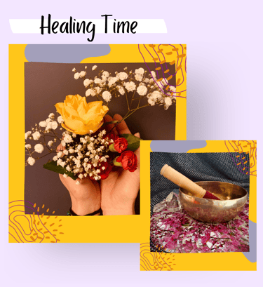 Two images of flowers in a woman's hands and a tibetan bowl with crystals next to it.