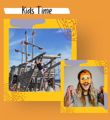 Kid yoga time. Martina outdoors on a wooden ship. Martina indoors smiling wearing a lion eye mask.