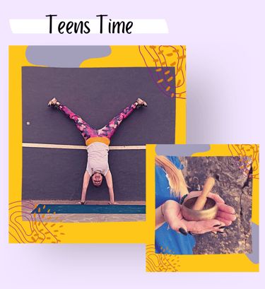 Teen yoga teacher. Martina in a handstand inversion in Lisbon. Holding a tibetan bowl.