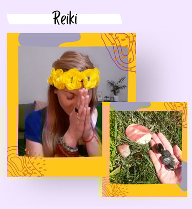 Two images of a woman bowing forward with hands in prayer and an image of stones and crystals.