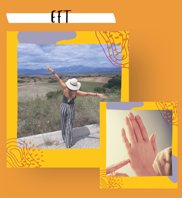 Two images of a woman in nature and tapping on hand using emotional freedom technique.