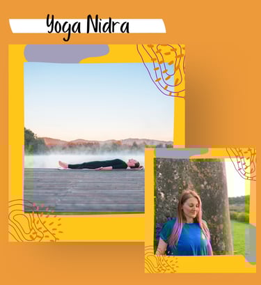 Two images of a person lying down for meditation and a woman standing with eyes closed.