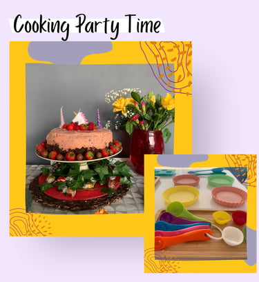 Kids birthday cooking party in Lisbon. Birthday cake and kids cooking utensils.