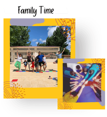 A group of people doing family yoga outdoors and a group together in child's pose in Lisbon.