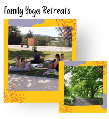 Families doing yoga outdoors in nature in Portugal.