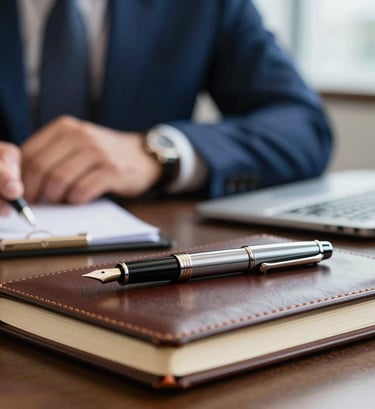 Close-up of a professional workshop setting in a South American / Brazilian corporate office. A high-end fountain pen rests on a refined leather notebook. In the background, out of focus, a professional in a slate blue blazer is seen working. The lighting is soft and elegant, featuring tones of dark navy blue.