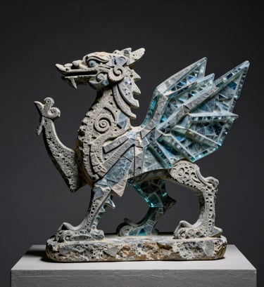 A close-up, dramatic photograph of a sculpture made from textured stone and Slate Blue glass, blending historic Celtic shapes with sharp modern geometry. The piece is set against a Deep Charcoal background, lit by a single spotlight that emphasizes the dynamic, experimental surfaces found in a Northern European / Welsh / British gallery.