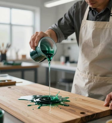 A professional artist in a modern International / Global studio environment, wearing a protective apron. They are carefully pouring a stream of clear resin onto a wooden board, with splashes of deep forest green ink visible in the background. The lighting is bright and natural.