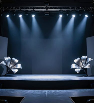 A wide-angle photography shot of a sleek, minimalist stage design in North American / US. The scene is illuminated by deep navy and dusty blue spotlights, featuring architectural metallic elements that resemble frozen flowers. The composition is clean and symmetric.