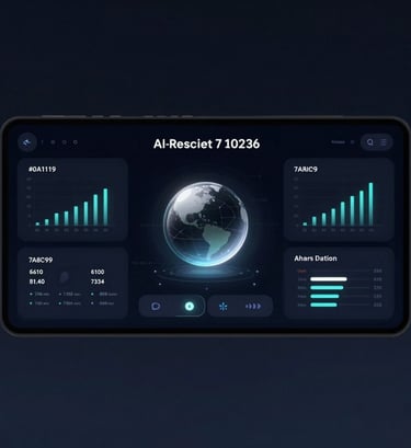 A wide, cinematic shot of a futuristic mobile dashboard for a banking app. The UI features dark #0A1118 backgrounds with glowing #7A8C9E data charts and high-end typography. The design is minimalist, bold, and features a central AI-assistant holographic orb. Highly professional 2026 aesthetics.