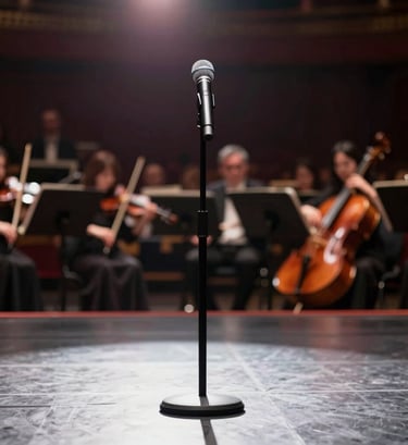 A dramatic, low-light shot of a single microphone on a grand stage, with a soft blur of an orchestra in the background. The mood is expectant and elegant, using #6B242D for a touch of warmth in the lens flare and #262626 for the stage floor.