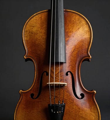 Close-up photography of a professional violin's wooden texture and strings, focused on the scroll. Dark and moody lighting with deep charcoal shadows and muted earthy brown highlights. Professional studio setup in a Southern European / Spanish cultural setting.