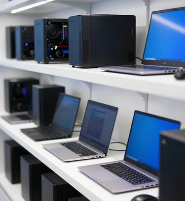 A professional photography shot of organized IT equipment, including new laptops and components on a shelf in a modern European / French computer store. The lighting is bright and clean, emphasizing a white and royal blue color scheme.