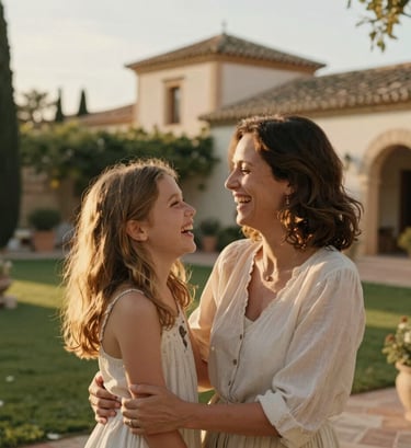 Authentic family moment in a Mediterranean villa garden, Iberian architecture in the background. A mother and daughter sharing a genuine laugh, warm golden hour light, cinematic storytelling photography.