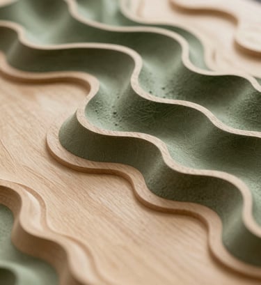 An abstract, high-angle photograph of a topographic model carved from warm beige wood. The shadows are deep olive green, highlighting the complex layers of the landscape. The aesthetic is clean, academic, and highly detailed.