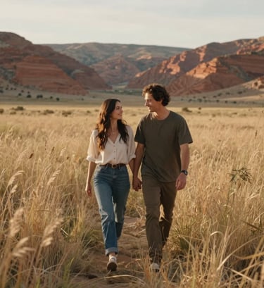 A candid photography shot of a couple walking through a field of tall grass in a North American / US valley. The lighting is cinematic and golden, with a palette of soft sand and muted terracotta. The mood is professional yet approachable, highlighting a real-world romantic moment.