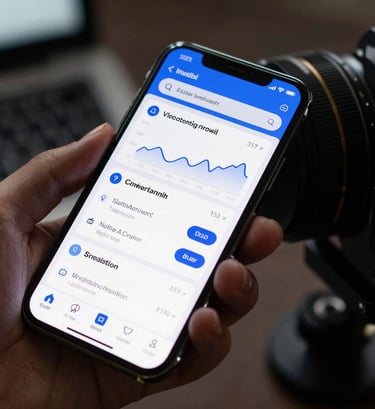 Macro photography of a high-resolution smartphone screen held by a professional in a North American / US studio, showcasing a sophisticated financial app dashboard with royal blue accents.