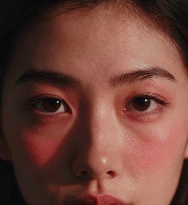 Extreme close-up of a subject's face, focus on the eyes, vibrant red lighting casting artistic shadows, deep black background, cinematic style, North American model.