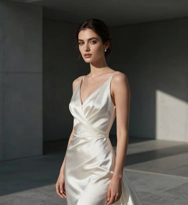 Stunning portrait of a bride in a high-fashion pose within a minimalist architectural setting in Spain. Hard shadows, soft light on the face, elegant silk textures, dark grey and slate grey palette.