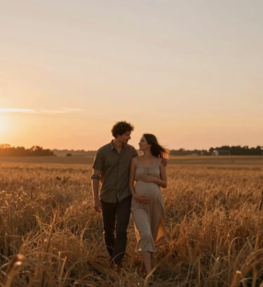 A wide-angle cinematic shot of a couple walking through a golden field at sunset. The mother-to-be is gently holding her bump while the partner has an arm around her. The image is warm and authentic, featuring deep Terracotta (#C0766B) and Brownish-Red (#8C4E40) tones in the landscape and shadows.