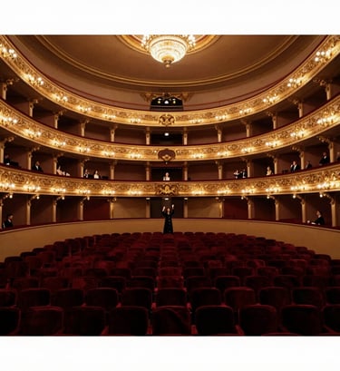 A wide-angle shot of a grand opera house interior during a standing ovation. The warm gold of the balconies contrasts with the #2B2D42 velvet seats. In the distance, a small figure of Maylin Cruz is visible taking a bow. The style is classic and atmospheric.