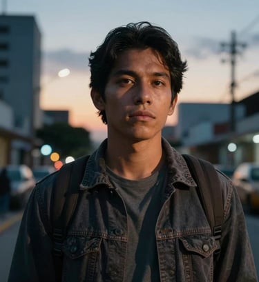A high-quality video thumbnail showing a dramatic portrait of a person in a South American urban setting at dusk, cinematic backlight, vibrant yet professional color grading.