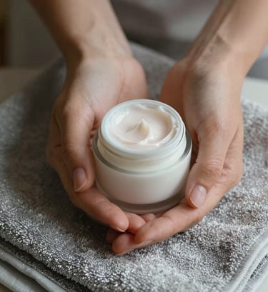 Close-up of hands with natural nails holding a cream jar, surrounded by silver sage towels. Soft, intimate lighting with a personal, warm aesthetic.