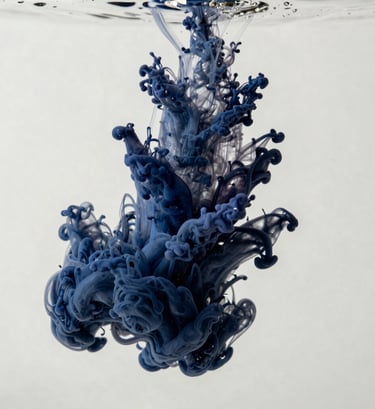 Macro photography of deep navy ink interacting with water on a textured off-white surface. The ink forms complex, fractallike patterns that look like both a neural network and a flowing river, captured with sharp focus and professional lighting.