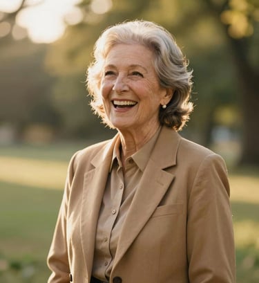 An elegant senior portrait captured during golden hour in a North American park. The subject is laughing naturally, styled in a Tan outfit that complements the sun-drenched environment. The composition is a medium close-up with a soft bokeh background.