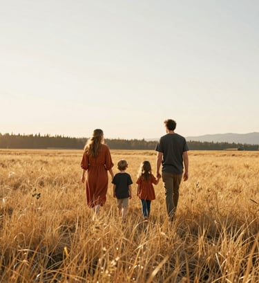 A wide cinematic shot of a family of four walking through a golden meadow in the North American / US Pacific Northwest. Warm sun-drenched evening light, soft sand colored tall grass, and a palette of terracotta and charcoal in their outfits.