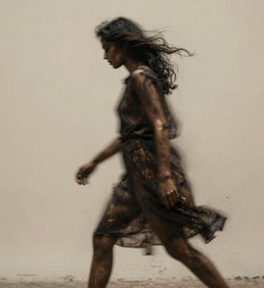 Atmospheric photography of a figure in motion, blurred edges, using charcoal and muted bronze tones to create a sense of mystery and storytelling.