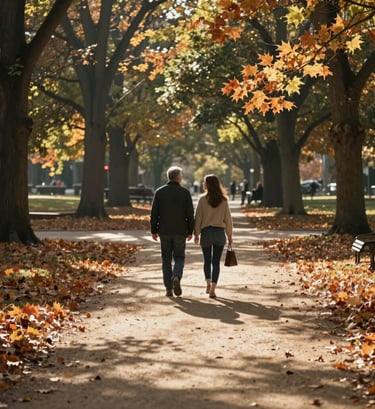 A wide, authentic shot of a couple walking through a sun-drenched park in North America. Cinematic sunlight filters through the trees, casting a warm glow on the Soft Sand paths and terracotta-colored autumn leaves.