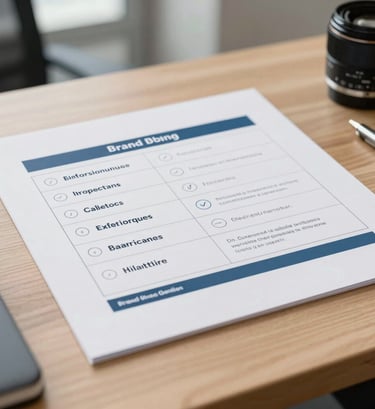 A close-up photograph of professional brand guidelines printed on high-quality paper, laid out on a light-colored wooden desk in a modern International / Western office. The palette features muted steel blue and crisp off-white tones.