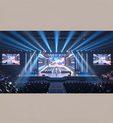 A wide-angle shot of a massive esports arena stage. Brilliant blue and white spotlights (#8EA7BF) cut through a hazy atmosphere. Large LED screens display professional broadcast graphics. The composition is epic and professional.