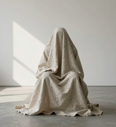 Minimalist photography of a subject in draped linen clothing in a contemplative pose, soft natural side-lighting, contemporary gallery aesthetic, Global / Contemporary Art.