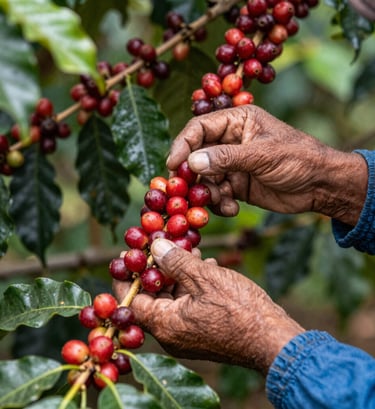 Close-up of weathered hands in South American attire carefully selecting vibrant red coffee cherries from a lush green branch, natural light filtering through leaves, authentic and artisanal feel.