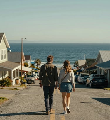 A candid photograph of a couple walking through a coastal North American / US town. The lighting is bright and warm, reflecting their global travel experience. Muted steel blue ocean in the background.
