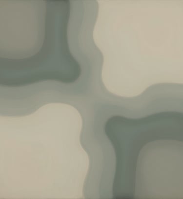 A vertical abstract painting with fluid, organic shapes that seem to blend into one another. The colors used are #C8C0B2 beige and #6B705C sage, with subtle dark accents of #1A1A1A. The mood is deeply personal and immersive.
