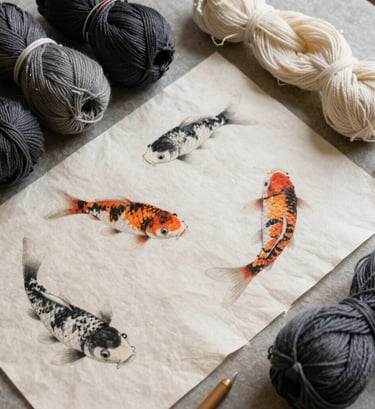A refined flat-lay of design inspiration, including koi fish sketches on rice paper and hand-spun Pakistani cotton yarns in charcoal and ivory, in a East Asian / South Asian influenced for a global luxury audience artisan's workspace.
