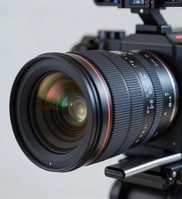 A close-up shot of a professional cinematic lens on a camera rig, showing reflections of dark slate blue studio lights, set in a sophisticated North American film production studio.
