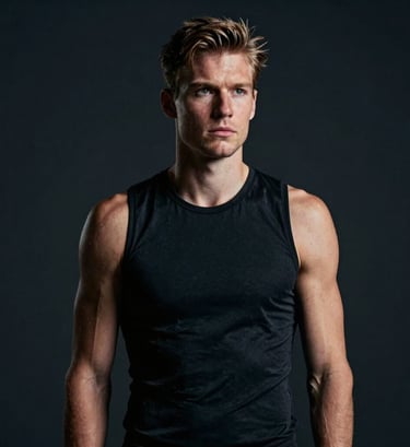 A vertical, medium-shot portrait of a athlete in a moment of reflection. Minimalist Northern European / Dutch setting, cinematic lighting with a focus on storytelling rather than action. High-end photography with a dark, premium feel.