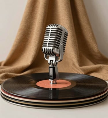 A minimalist still life featuring a high-end vintage microphone resting on a stack of vinyl records. A piece of rich #8D765D woven textile is draped in the background, blending heritage with modern music culture.