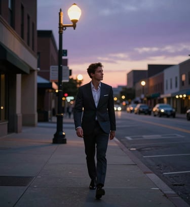 An atmospheric long shot of an actor walking through a North American / US city street at twilight. The mood is sophisticated and contemporary, with streetlights casting a warm glow against dark grey and muted purple surroundings.