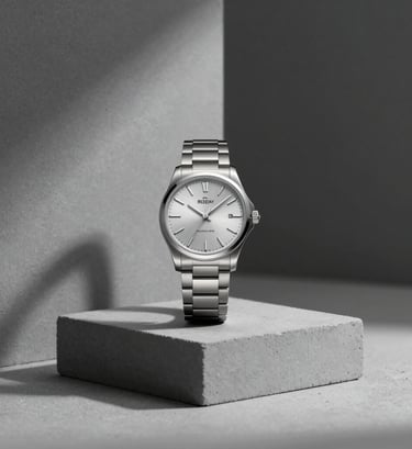 A studio-lit, high-fashion product arrangement. A luxury watch displayed on a minimalist, monolithic concrete block. Sharp focus, dramatic but clean shadows. Palette: #1A1A1A, #8E8E8E, #D8D8D8.
