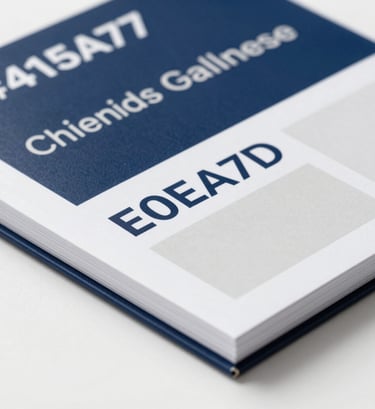 Macro shot of a high-quality brand guidelines book. The pages show typography and color palettes including #415A77 and #E0E1DD. The style is clean, sharp, and reflects sophisticated capability and professional attention to detail.