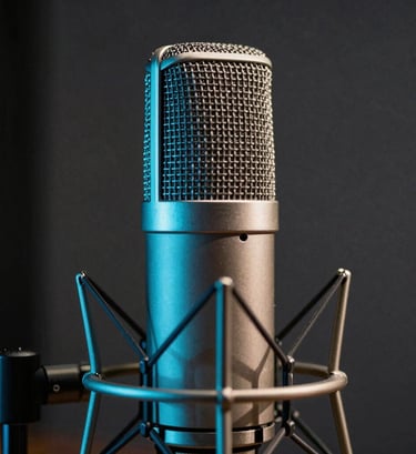 Close-up of a high-end studio microphone in a dark South American / Colombian recording studio. A neon cyan light strip reflects off the metallic surface. Dark grey background, moody and professional atmosphere.