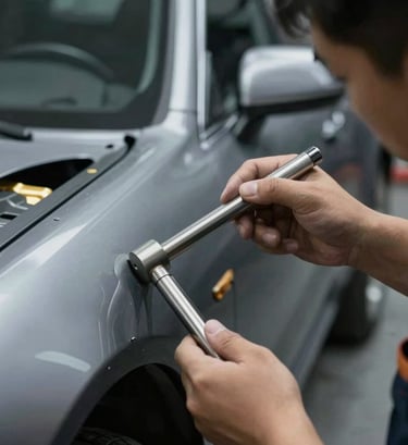 A professional technician's hand using a stainless steel rod tool behind a car panel, demonstrating the hidden craftsmanship of the varillero process, moody lighting with gold accents.