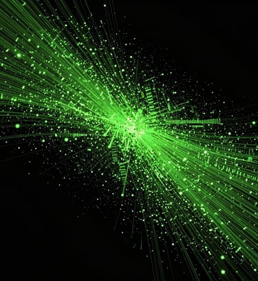 A dynamic and abstract cinematic photography of high-speed light particles in neon green moving across a pure black background, symbolizing data flow and attention.