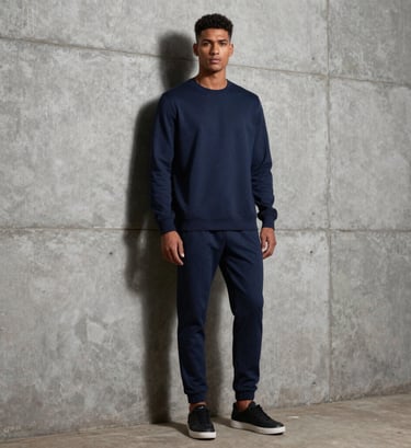 High-fashion full-body shot of a South American / Brazilian male model posing against a brutalist architectural wall in Brazil. He is wearing modern streetwear in dark navy blue. The lighting is dramatic with slate gray shadows.