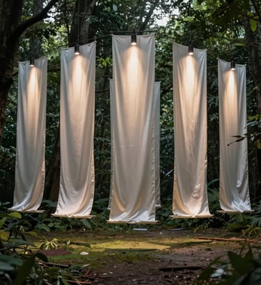 A wide-angle artistic photograph of a large-scale installation. Multiple silk sheets hang from a high ceiling in a dark forest green space, illuminated by single beams of light.